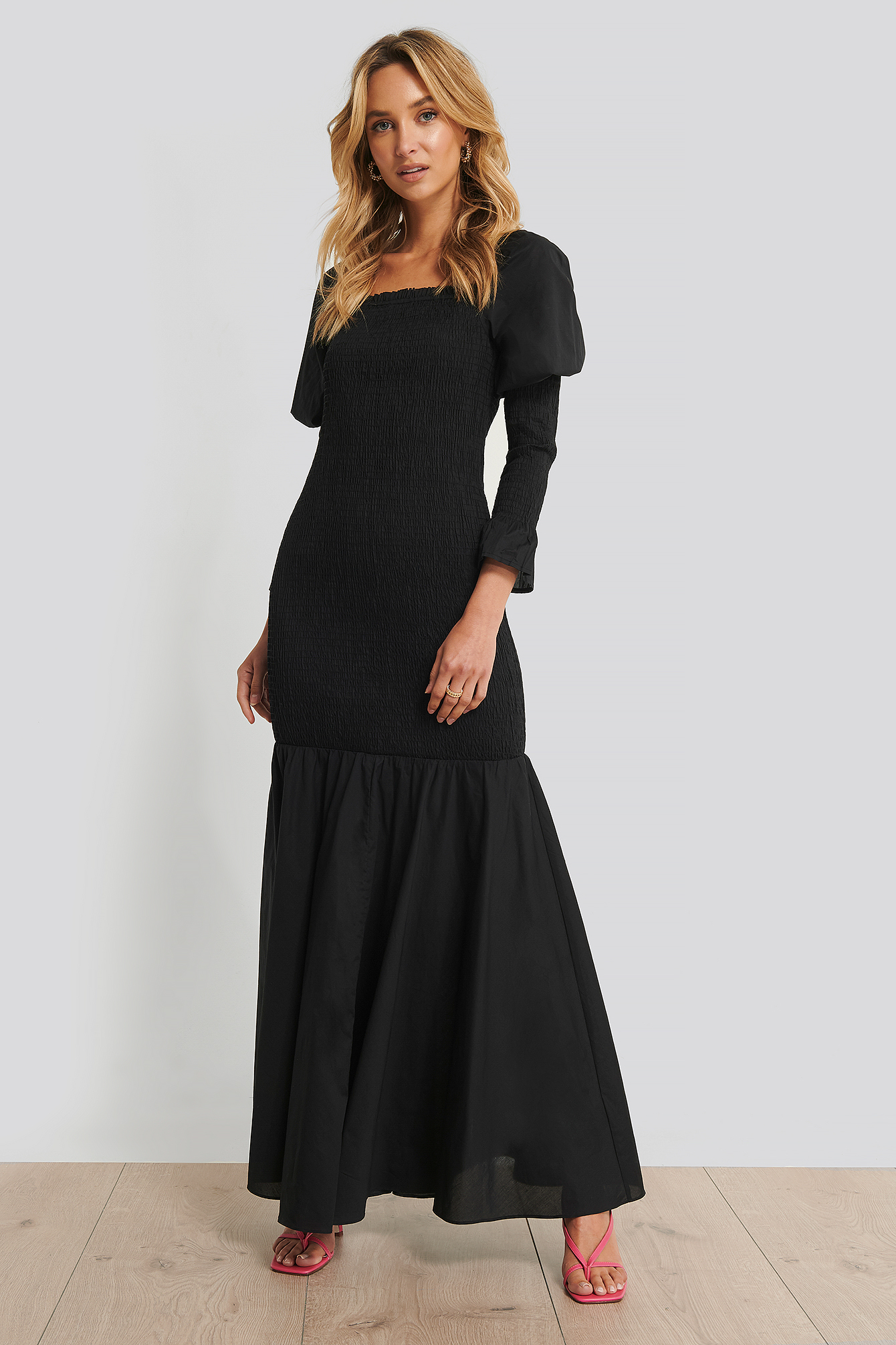 Long Sleeve Gathered Maxi Dress Black ...